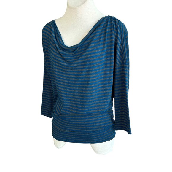 Michael Stars Teal Blue and Gray Striped Slouchy Long Sleeve Cotton Modal Top OS - Picture 4 of 10